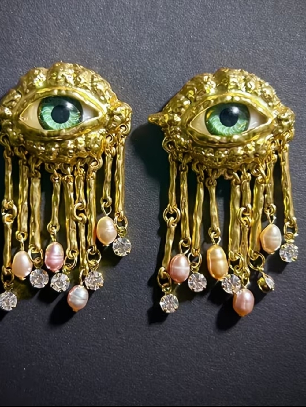 Gold Eye Drop Earrings with Green Iris, Pearl & Crystal Fringe